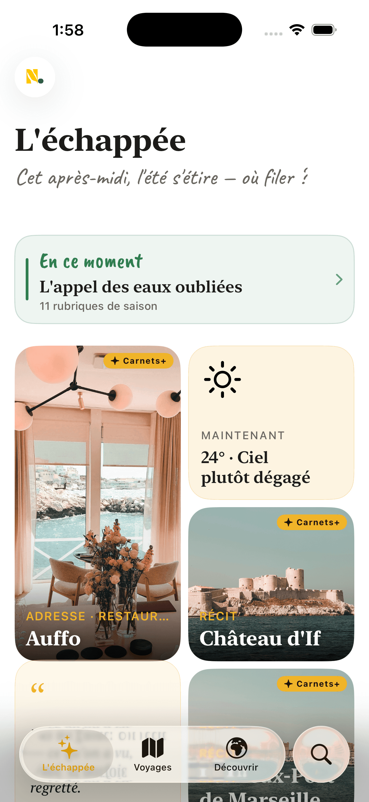 L'échappée, l'écran d'accueil de l'app Carnets