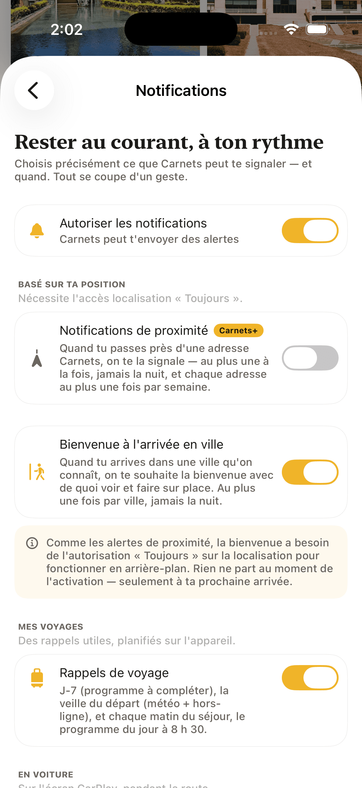 Réglage des alertes de proximité Carnets+
