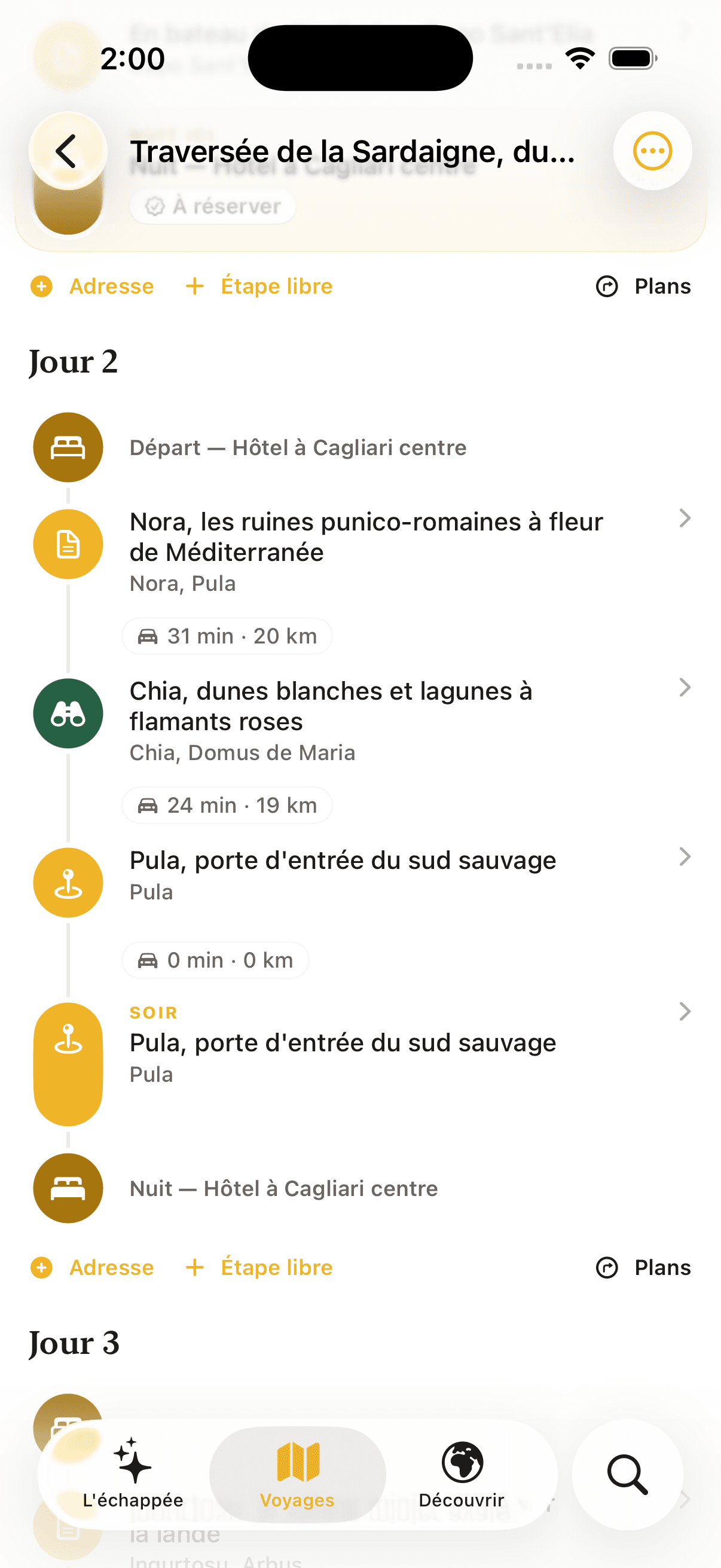 Les étapes d'un voyage personnel, avec les temps de route